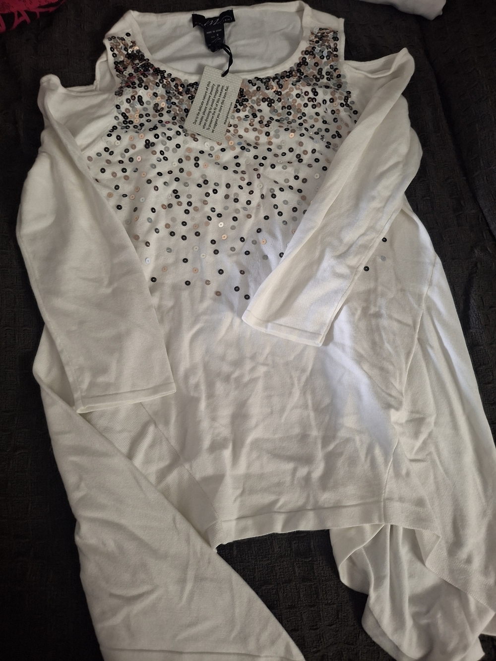 Midnight Velvet White Long-Sleeve Sequin-Embellished Top